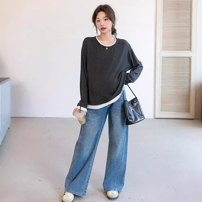 春秋韩版孕妇装时尚假二件孕妇T恤上衣宽松大码长袖孕妇打底衫