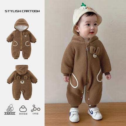 婴儿秋冬爬服男宝宝加厚羊羔毛衣服婴童薄棉外出服连帽开裆连体衣