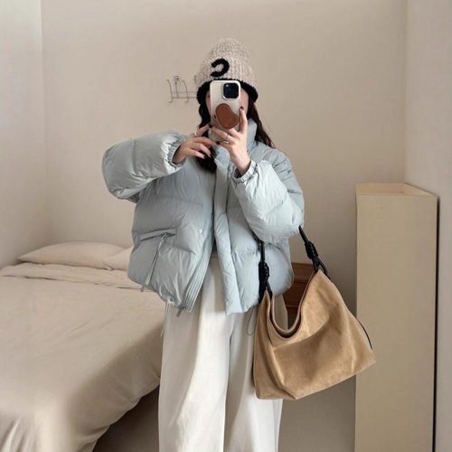 韩系小个子立领围巾款羽绒服女2025新款ins风短款白鸭绒外套