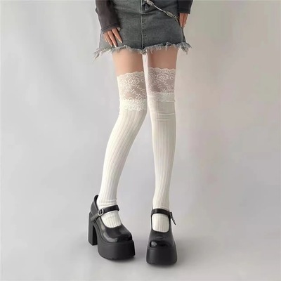 蕾丝花边小腿袜子女夏季长袜配靴子白色过膝袜jk黑色长筒袜女秋冬