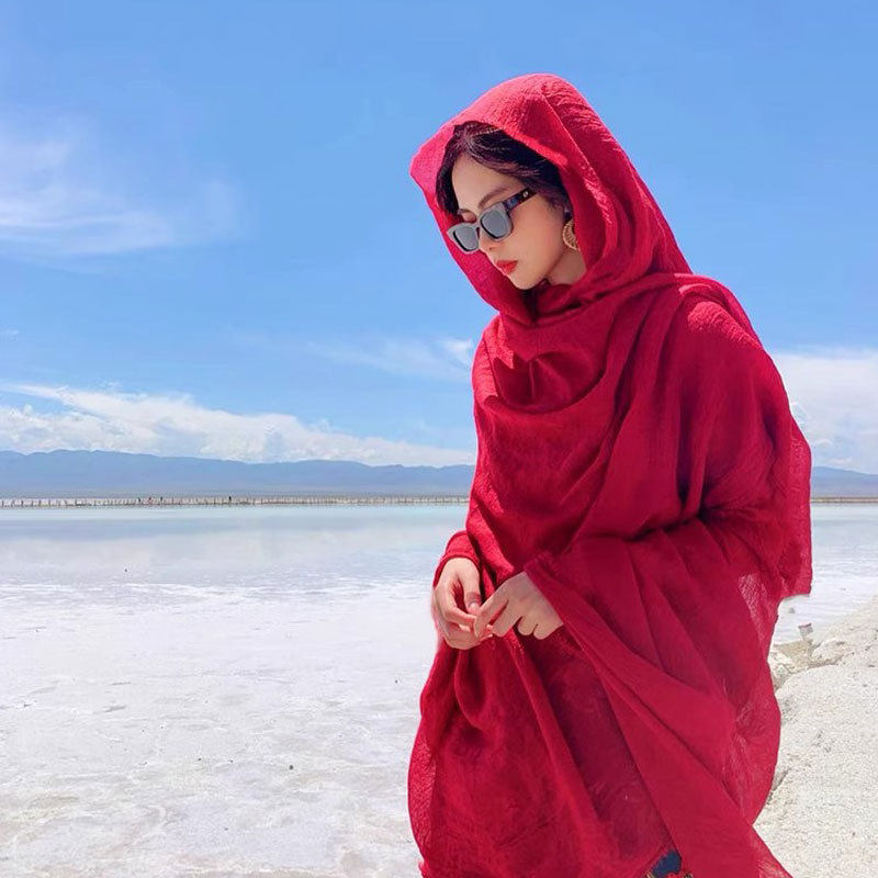 沙漠埃及海边旅游拍照纯色棉麻纱巾围巾女沙滩丝巾防晒包