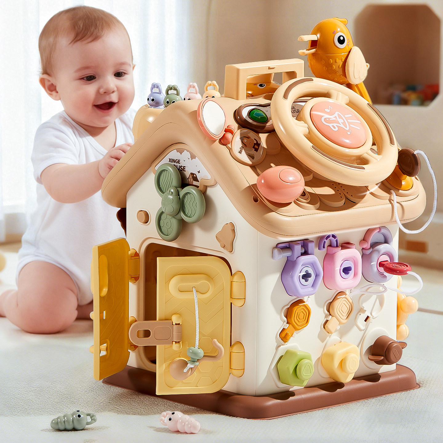 蒙氏六面体益智早教玩具忙碌板屋宝宝多因果关系婴儿开关按钮魔方