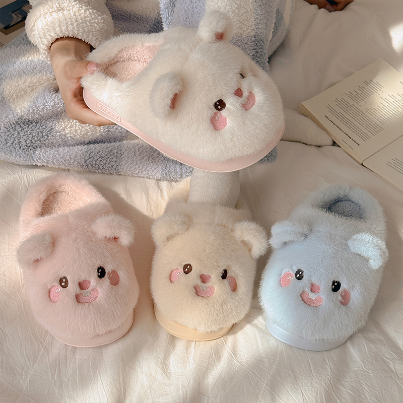 秋冬毛毛拖鞋女士少女心小熊居家毛绒保暖防滑厚底拖鞋1207z