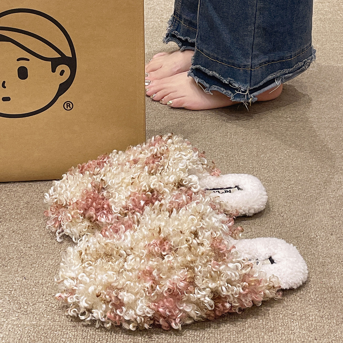 毛毛拖鞋女冬季时尚外穿2025新款毛绒保暖室内居家防滑包头棉拖鞋