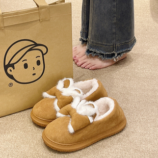 秋冬时尚蝴蝶结覆古拖鞋女士室内居家加绒保暖防滑厚底包跟1207z