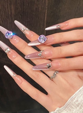 纯手工穿戴甲紫色渐变碎钻猫眼美甲中长款轻奢高级显白可拆卸美甲