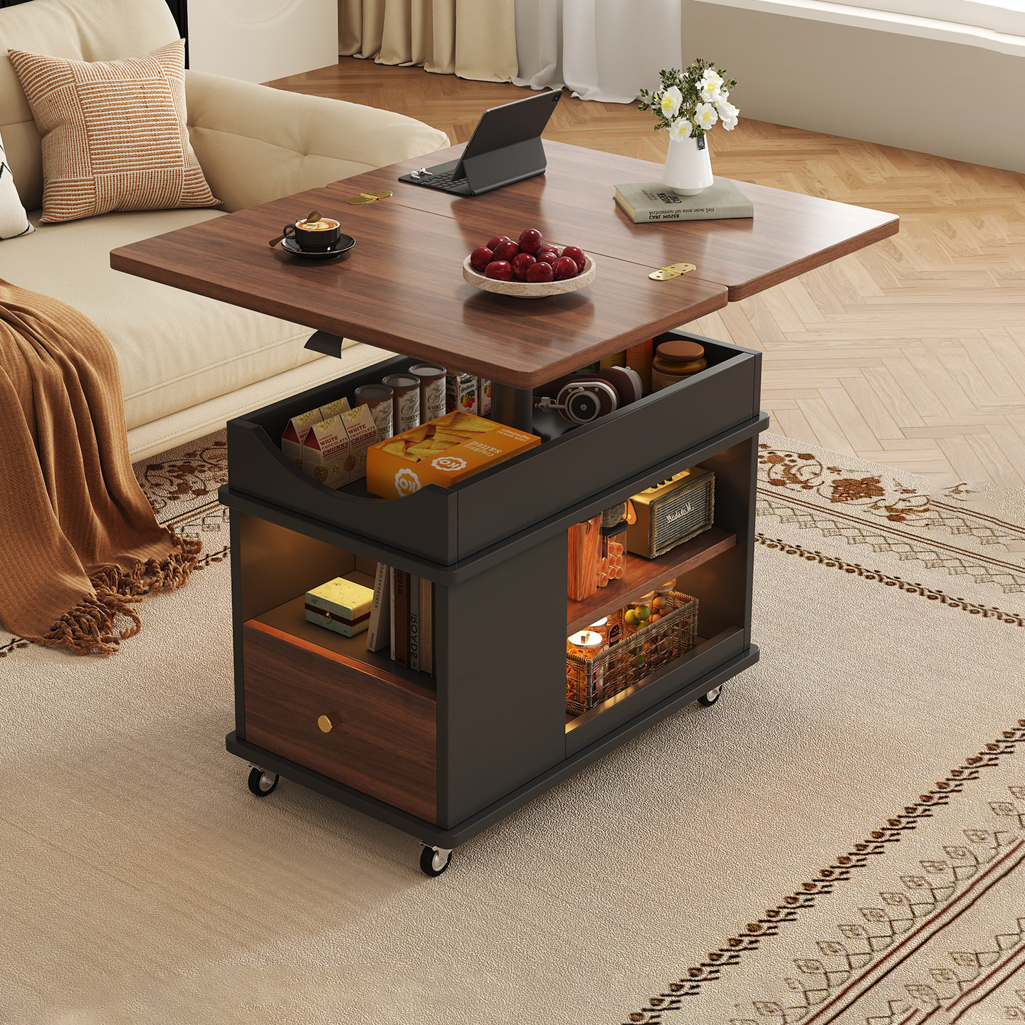 可移动沙发边几折叠升降茶几餐桌两用客厅家用多功能小推车小户型