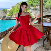 Swee黛娜法式 红色连衣裙鱼骨显瘦吊带裙公主裙生日蓬蓬裙收腰短裙