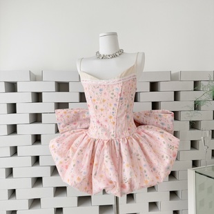 Sweet少女碎花吊带鱼骨修身 短裙 蝴蝶结A字裙甜美生日裙礼裙无袖
