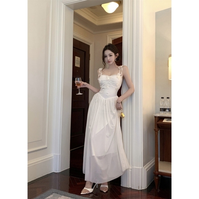 Sweet草莓祈愿少女 法式立体蝴蝶结薄纱吊带连衣裙女气质度假长袖