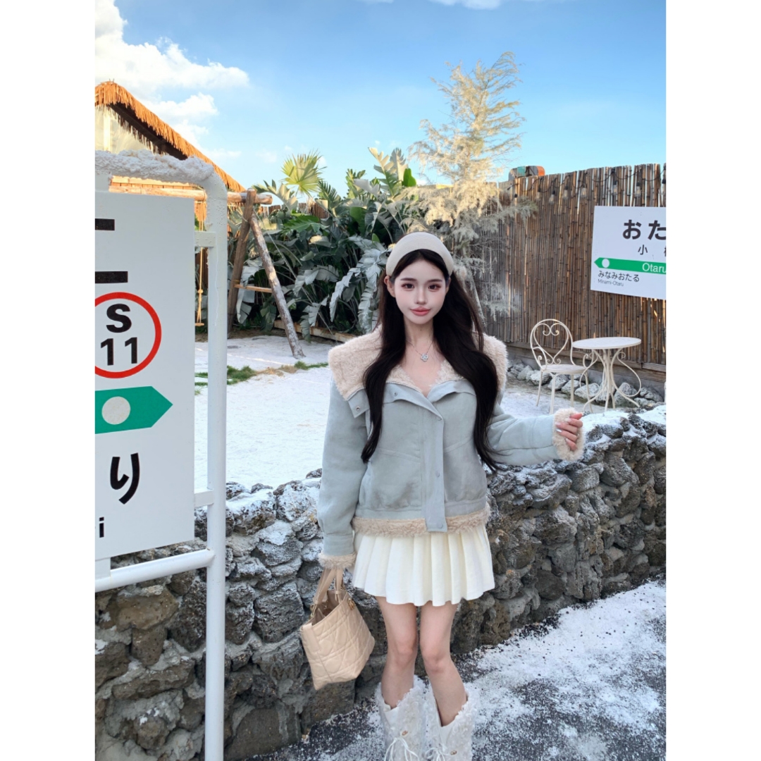 Sweet草莓皮毛一体麂皮大翻领外套女秋冬新款羊羔毛夹克上衣