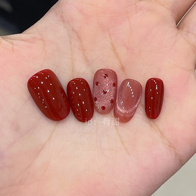 红色猫眼穿戴甲2025新款高级感绝美穿戴美甲短款手工爆款指甲贴片
