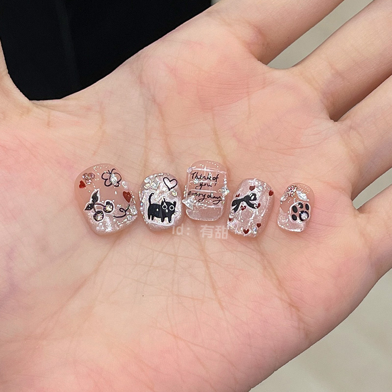 可爱穿戴甲短款春夏高级感纯手工猫眼穿戴式美甲网红爆款指甲贴片