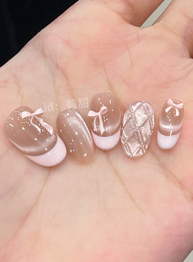 法式穿戴甲短款手工蝴蝶结穿戴款美甲2025新款高级感猫眼指甲贴片