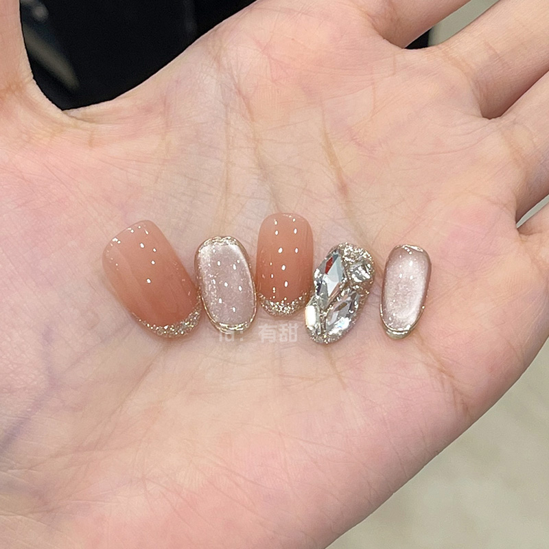 猫眼穿戴甲中长款手工定制春日绝美穿戴式美甲2025新年款指甲贴片