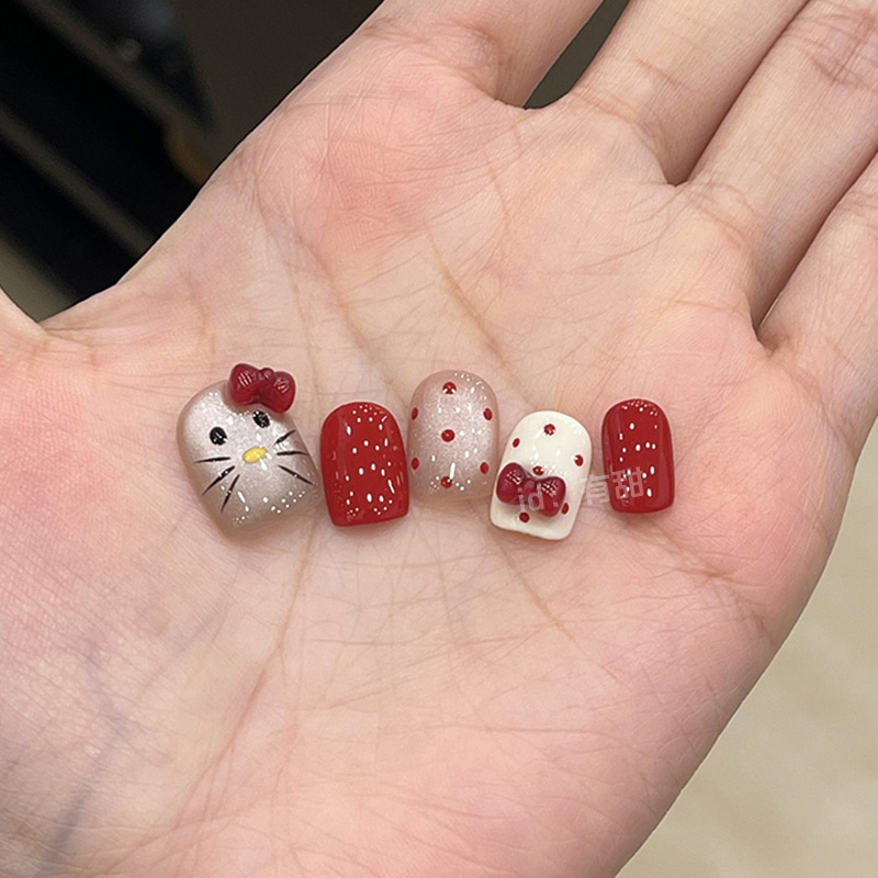 猫眼穿戴甲短款春夏高级感红色穿戴美甲纯手工定制豆豆款可爱短甲