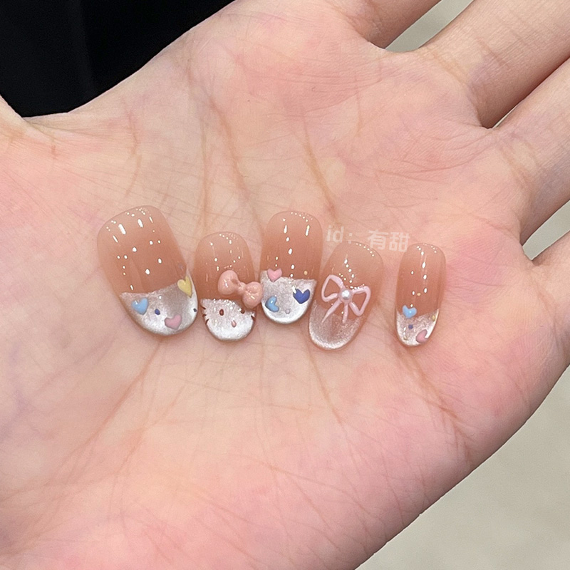 法式猫眼穿戴甲中长款春夏纯手工可爱穿戴美甲高质量爆款指甲贴片