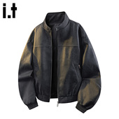 立领机车外套休闲痞帅皮夹克 复古PU皮衣男款 FIVE CM哈林顿美式