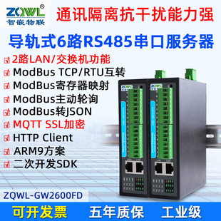 双网口通讯隔离6路RS485转以太网模块MQTT串口服务器HTTP串口转网口JSON主动轮询定时上报Modbus网关二次开发