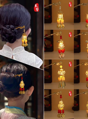红色新年灯笼发簪会发光儿童古风汉服头饰小女孩古装发饰宫灯发钗
