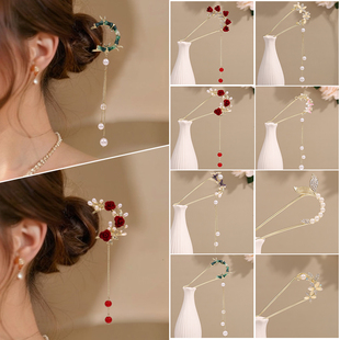 新中式珍珠流苏U型高级感发簪旗袍后脑勺发夹盘发发梳古风头饰品