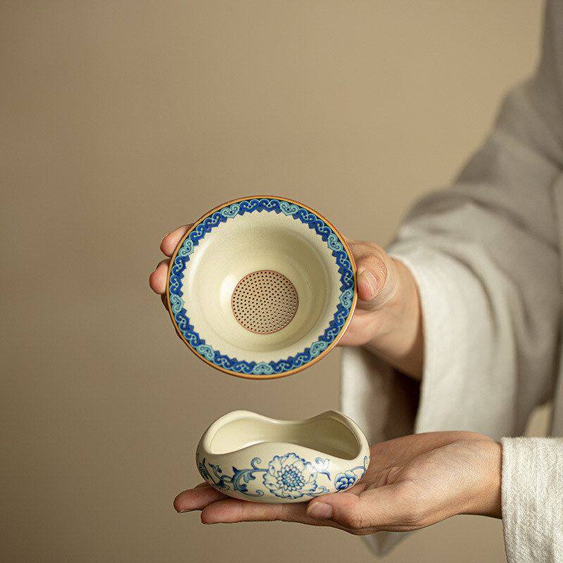 国风复古青花缠枝莲茶滤组合带底座精致茶漏套组陶瓷茶具配件