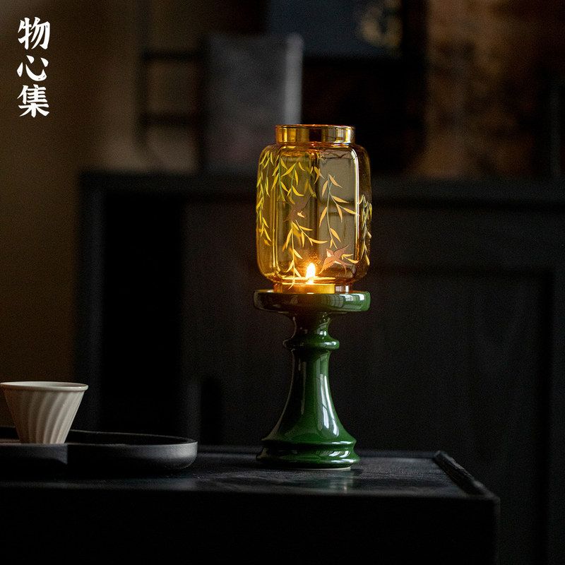 物心集新中式玻璃祖母绿烛台燕归氛围灯香薰蜡烛茶道配件桌面摆件