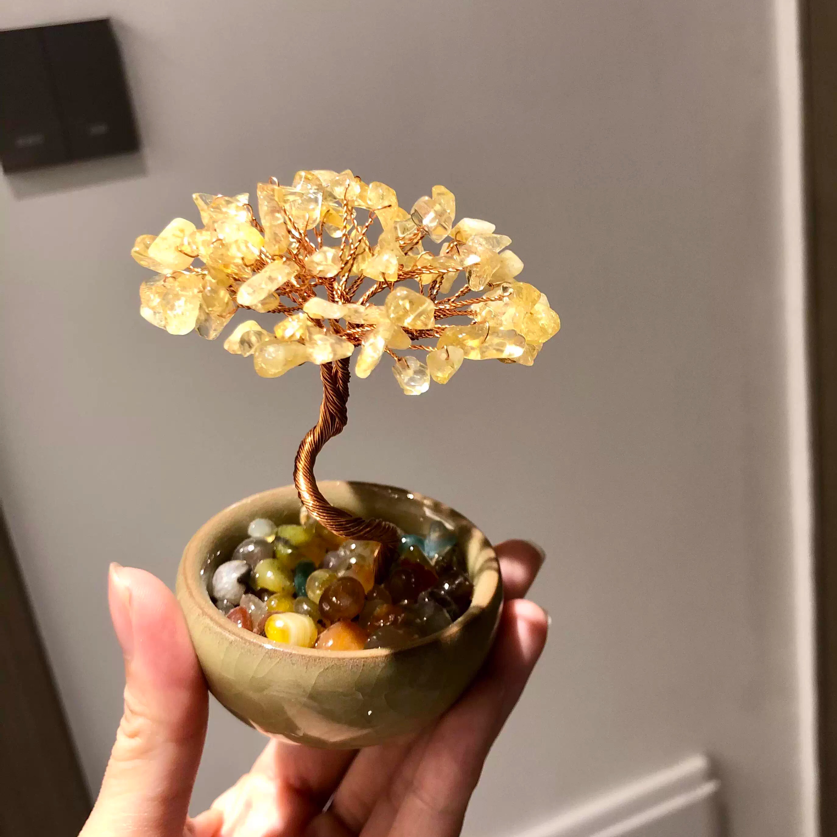 天然黄水晶发财树摆件