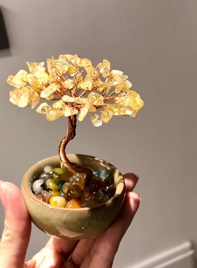 天然黄水晶发财树摆件