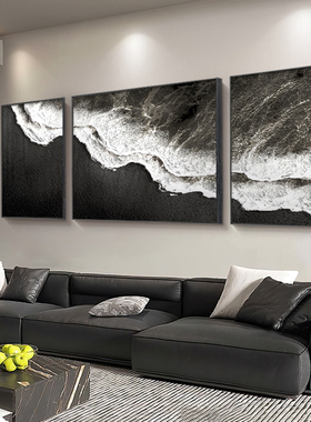 黑色海滩三联客厅装饰画轻奢大气沙发背景墙挂画海景图极简风壁画