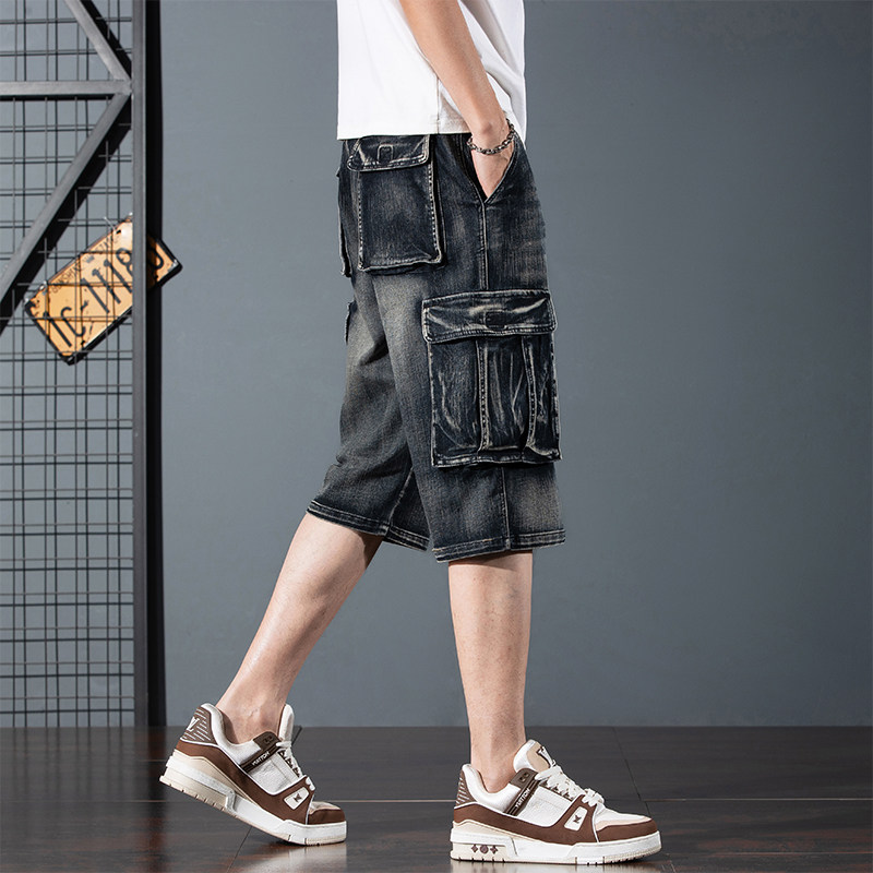 耐磨过膝胖子工装风多口袋七分牛仔裤男宽松直筒大码7分短裤中裤