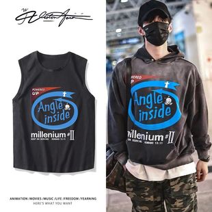 双轨何与靳朝机场路透有酒哥同款潮流印花纯棉无袖背心坎肩舒适