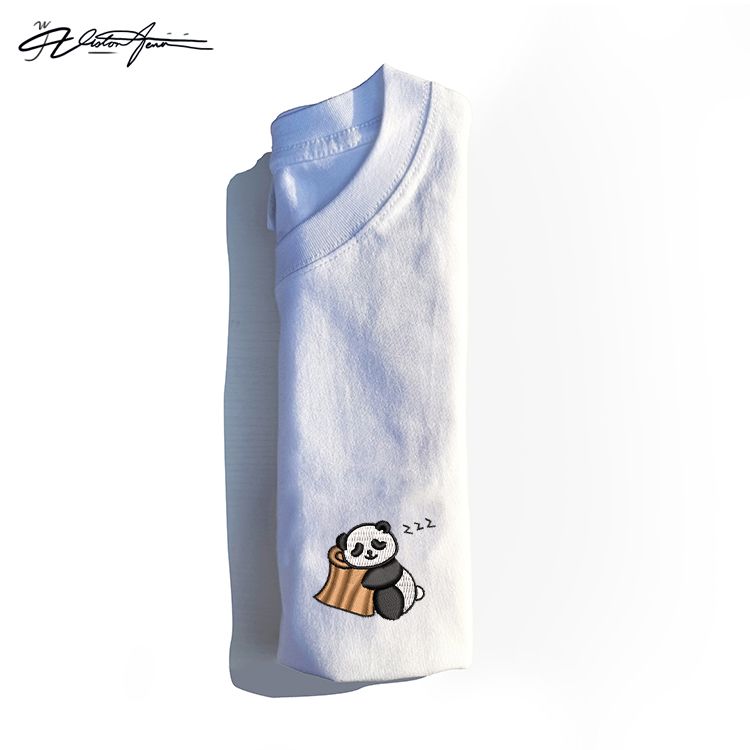 【刺绣】国潮可爱打瞌睡熊猫新款刺绣纯棉短袖T恤男女同款宽松