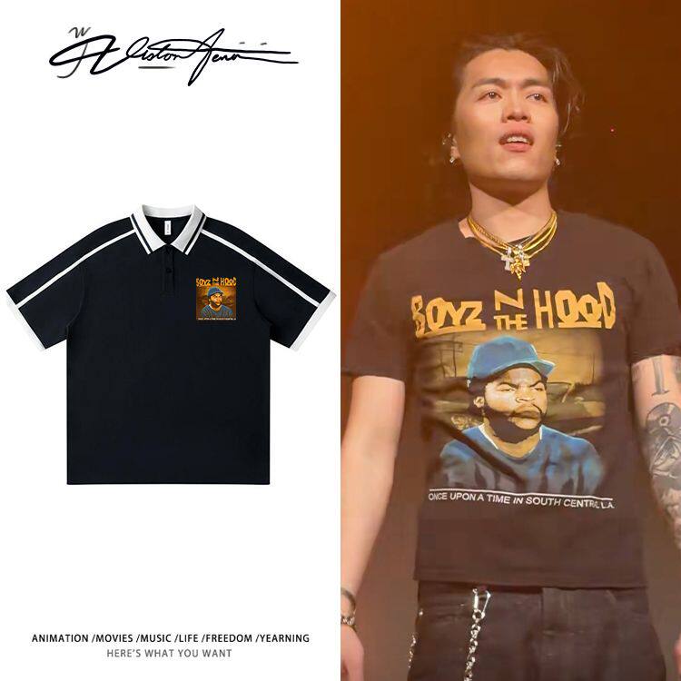 rapper徐赢巡演同款人像休闲风翻领POLO衫条纹短袖T恤夏季半袖潮