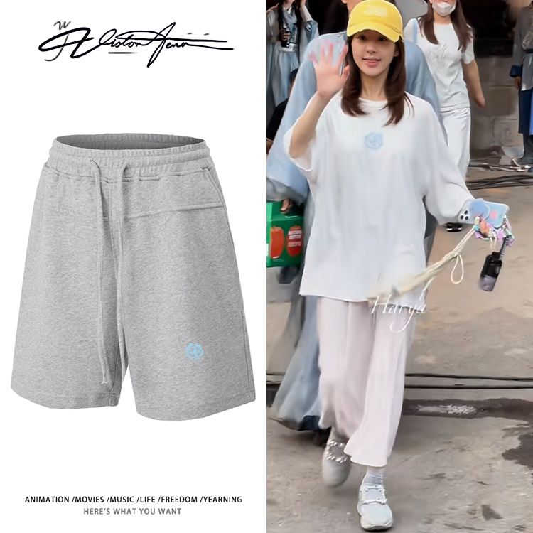 赵露思私服同款蓝色图案印花重磅宽松短裤夏季运动舒适男女同