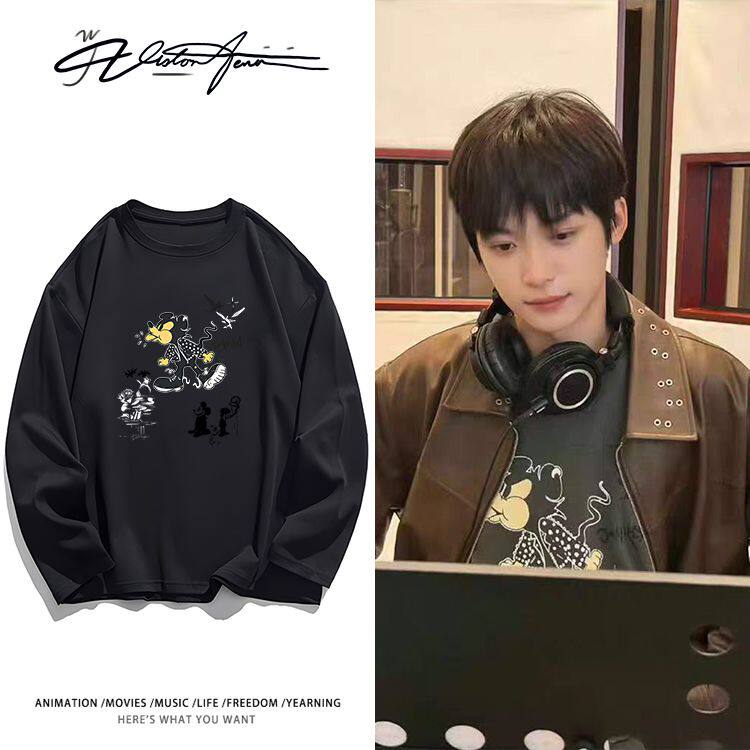 梓渝同款吐舌米奇卡通印花纯棉重磅长袖T恤男女款打底衫内搭上衣