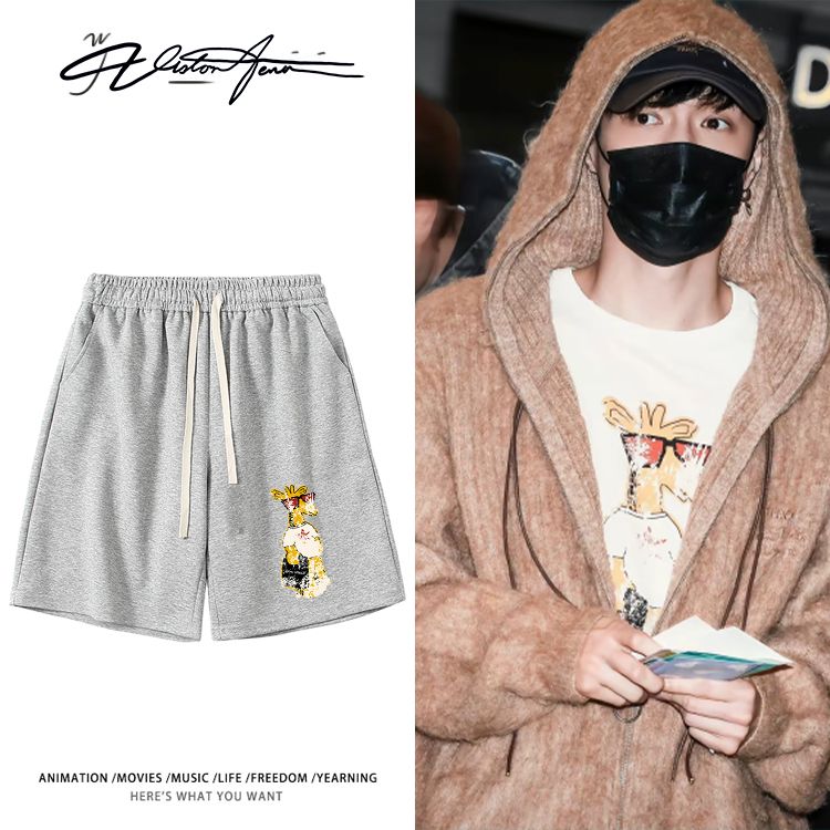 张艺兴韩国机场路透同款小鹿短裤夏季宽松百搭男女同款舒适