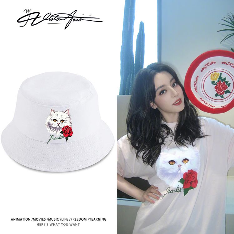 迪丽热巴同款私服穿搭可爱玫瑰猫咪印花渔夫帽盆帽帆布帽子男女款
