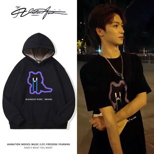 梓渝路透同款黑喵像素印花连帽卫衣长袖加厚绒休闲保暖潮流百搭