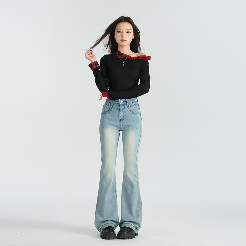 RDT浅蓝微喇牛仔裤女2025春夏新款高腰修身显瘦遮胯喇叭裤小个子