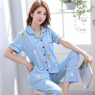 可外穿大码 睡衣女春夏薄款 长裤 100%纯棉两件套装 家居服 短袖