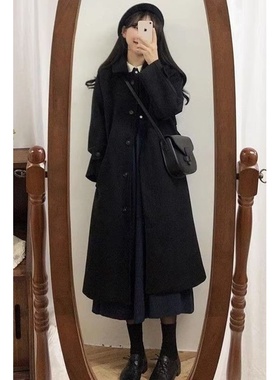 女大童装毛呢外套小个子新款秋冬季韩系高级感赫本风黑色呢子大衣