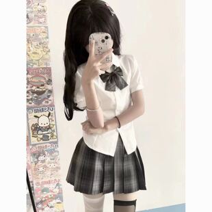 女大童装显瘦修身泡泡袖衬衣jk制服裙套装短袖收腰衬衫初中生女孩