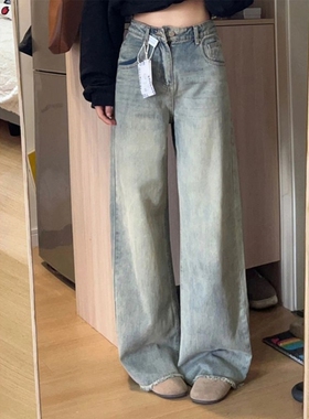 女大童装显高做旧水泥复古毛边窄版直筒牛仔裤夏季垂感遮胯长裤子