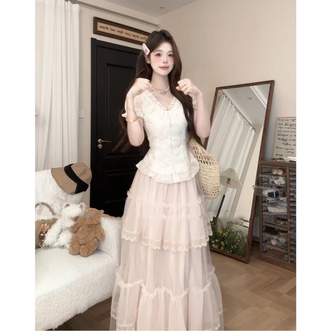 女大童装法式温柔甜美风格收腰显瘦简约设计高端气质半身裙上衣