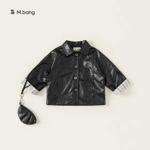 宥宝童装时尚秋装新品女孩子衣服儿童外套翻领上衣撞色女童皮衣