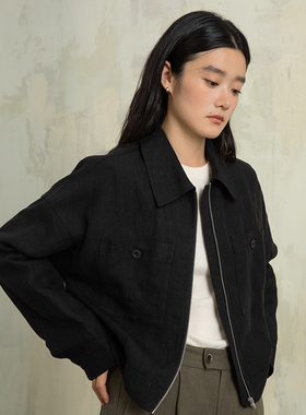 ziilam枝蓝 亚麻短款夹克外套女休闲翻领黑色上衣原创设计春秋