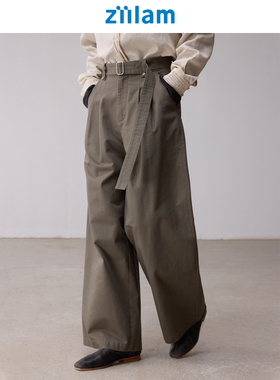 ziilam枝蓝 腰带阔腿裤25秋纯棉洗水柔软亲肤双褶慵懒休闲裤女