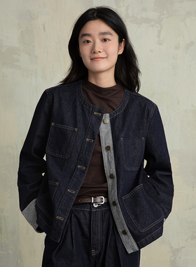 ziilam枝蓝圆领箱型牛仔外套女春秋夹克短款复古拼接开春外套新款