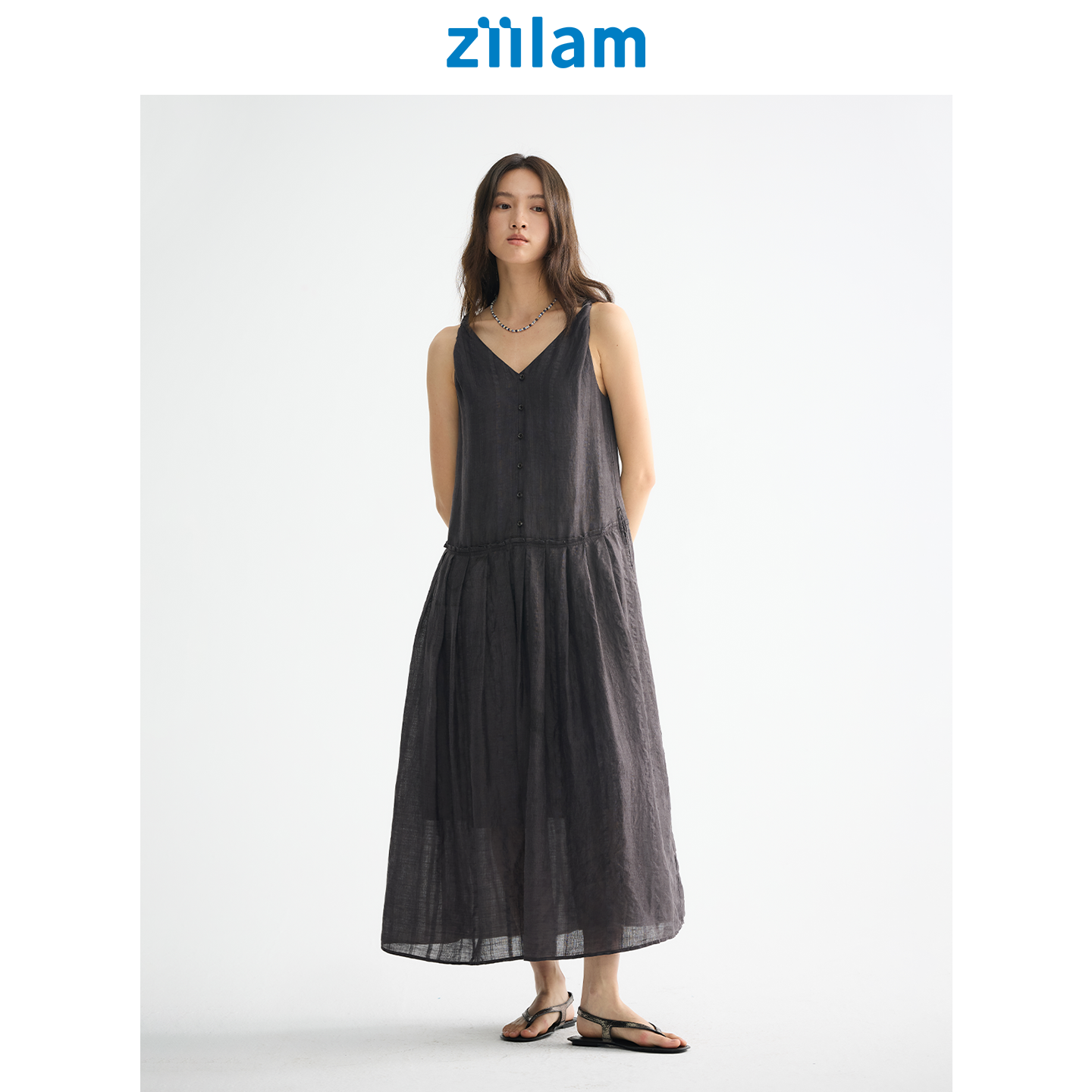 ziilam枝蓝 植物染压褶连衣裙子女夏2026新款连身裙吊带苎麻长裙